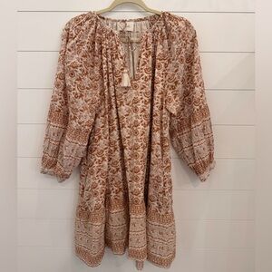 CLEOBELLA Women’s Block Print Boho Mini Dress Long Sleeve Size Large